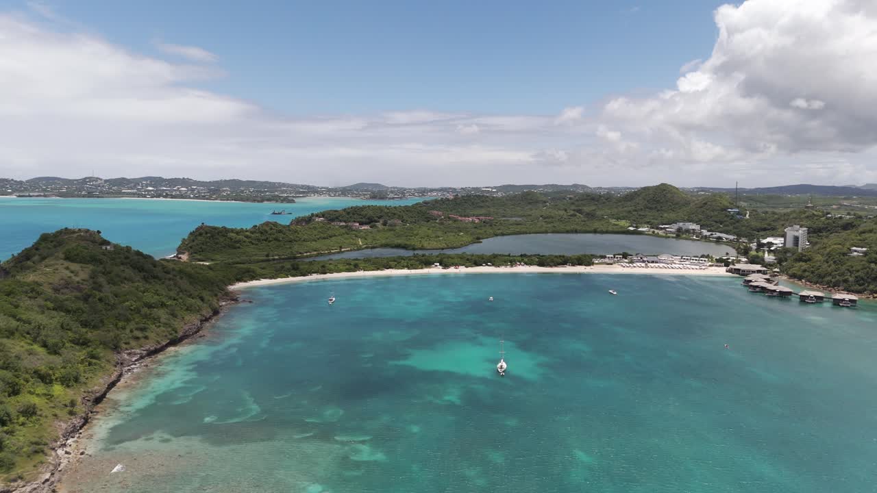 Panorama Of Deep Bay Beach In Antigua and Barbuda. Aerial Shot