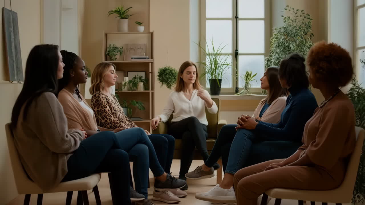 A group of women participating in a support or therapy session, sitting in a circle in a calm indoor setting