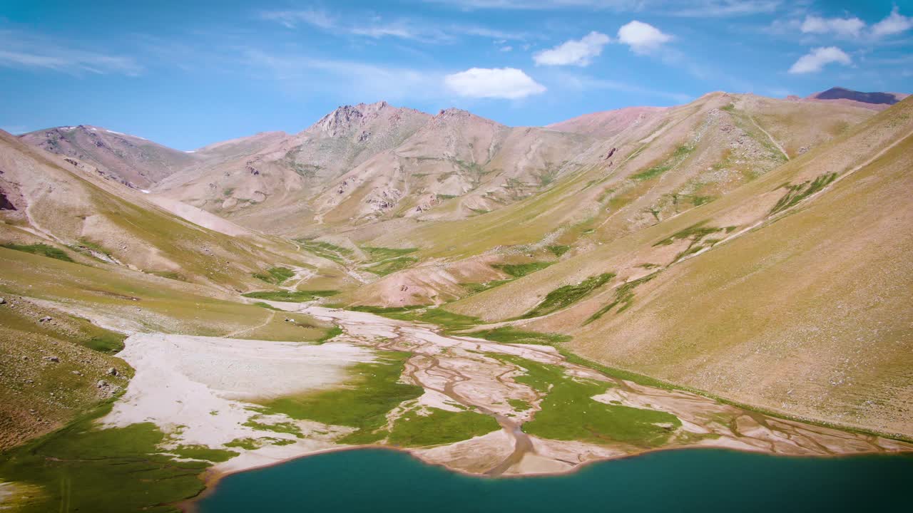 Arka planda mavi gökyüzü ile doğal göllü dağ sırasının panoramik gündüz görünümü