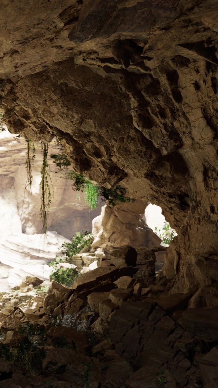 Grotta maestosa con la luce del sole che illumina la vegetazione lussureggiante e le rocce aspre.