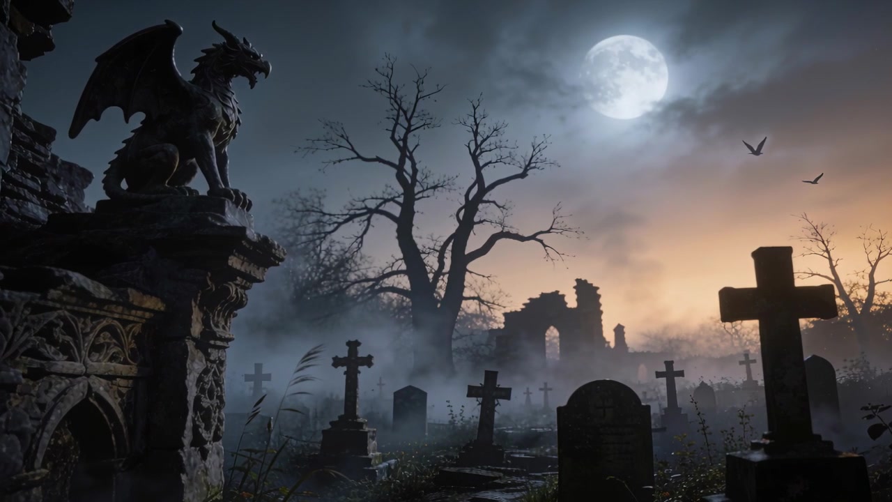 Gargoyle in piedi e tombe sotto la luna piena, brezza che agita la nebbia e pipistrelli che attraversano, spazio per il testo
