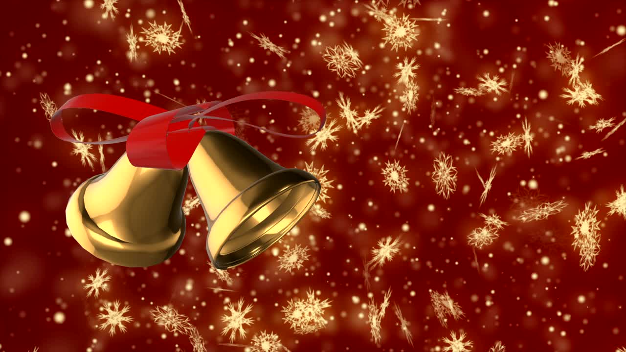 navidad y año nuevo animación de bucle sin fisuras. copos de nieve de oro de navidad y campana en fondo rojo oscuro. cuentos de invierno del país de las maravillas.