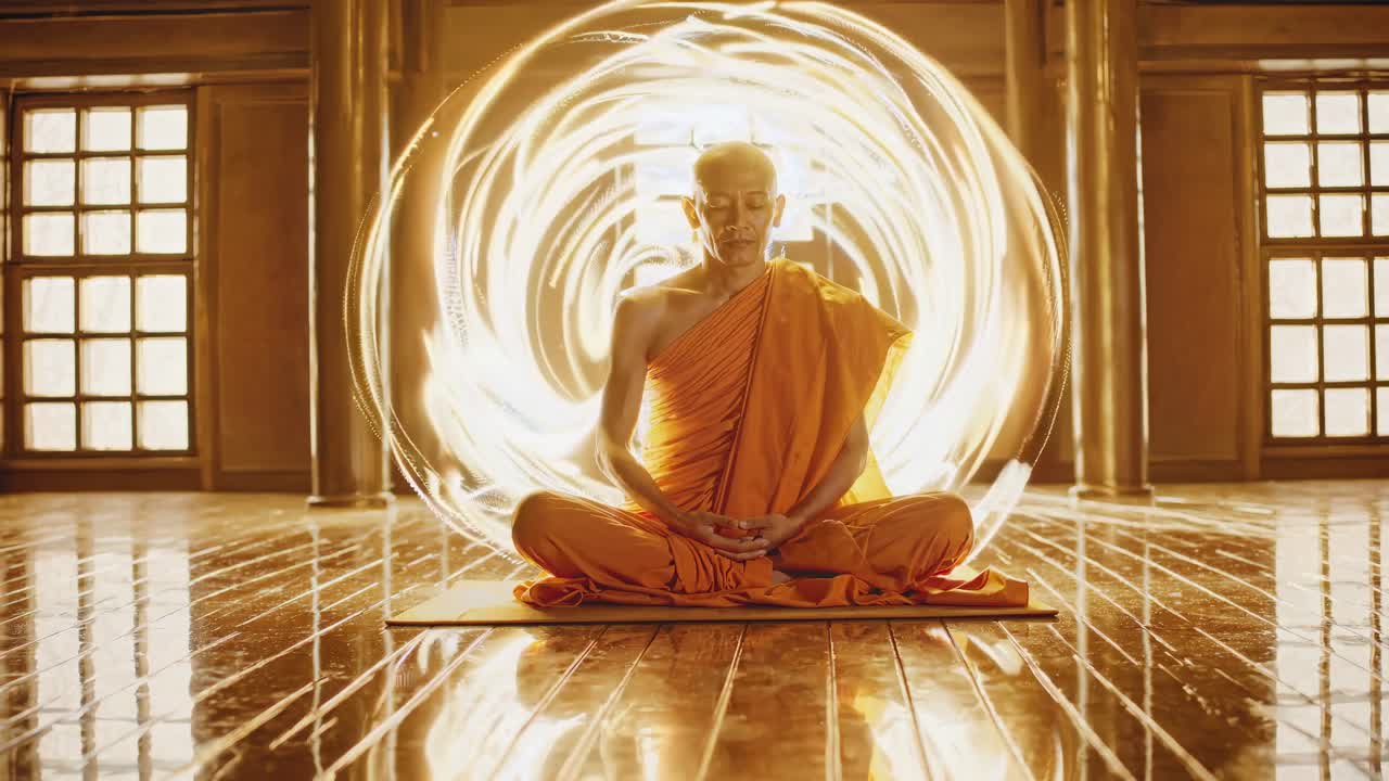 A monk in orange robes meditates, surrounded by swirling light trails