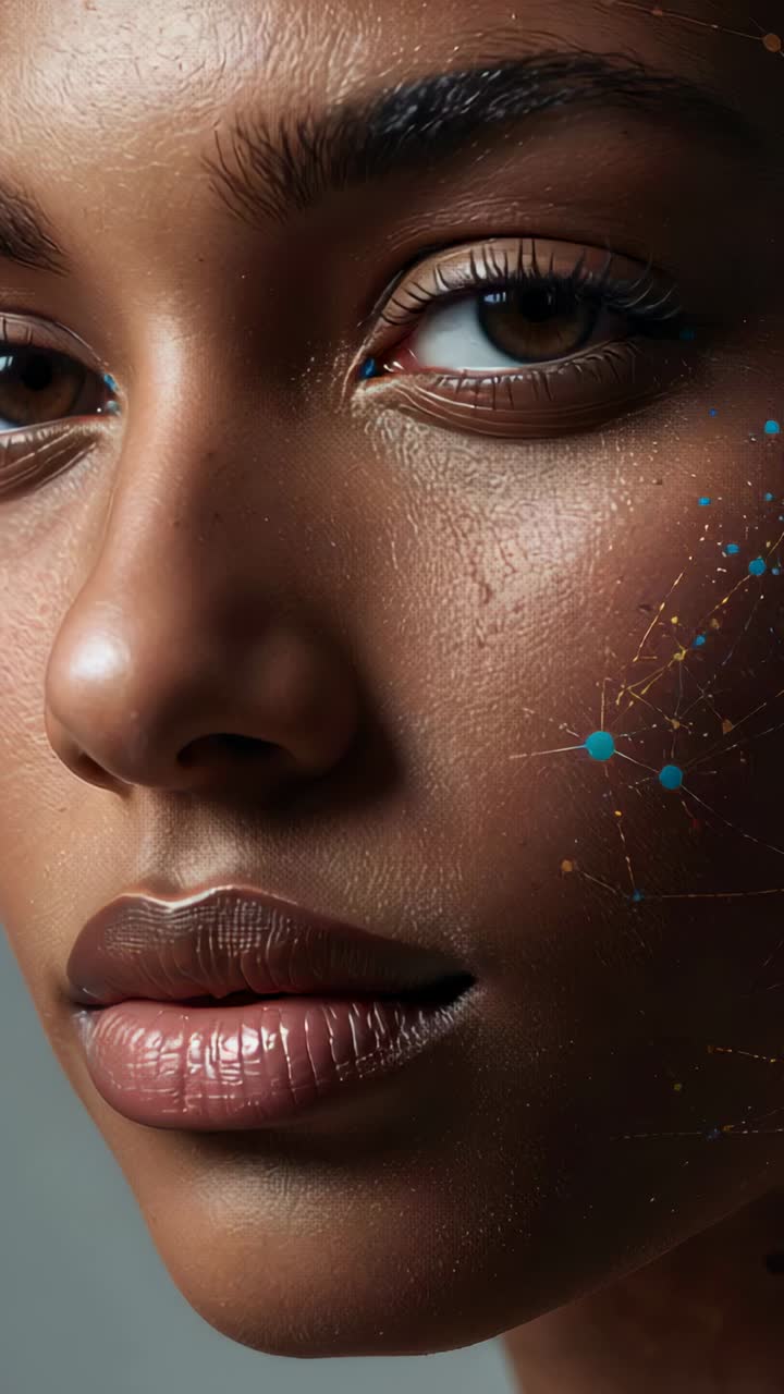 Vertical video: Blinking model moving gaze with nodes appearing on right cheek in studio, mapping