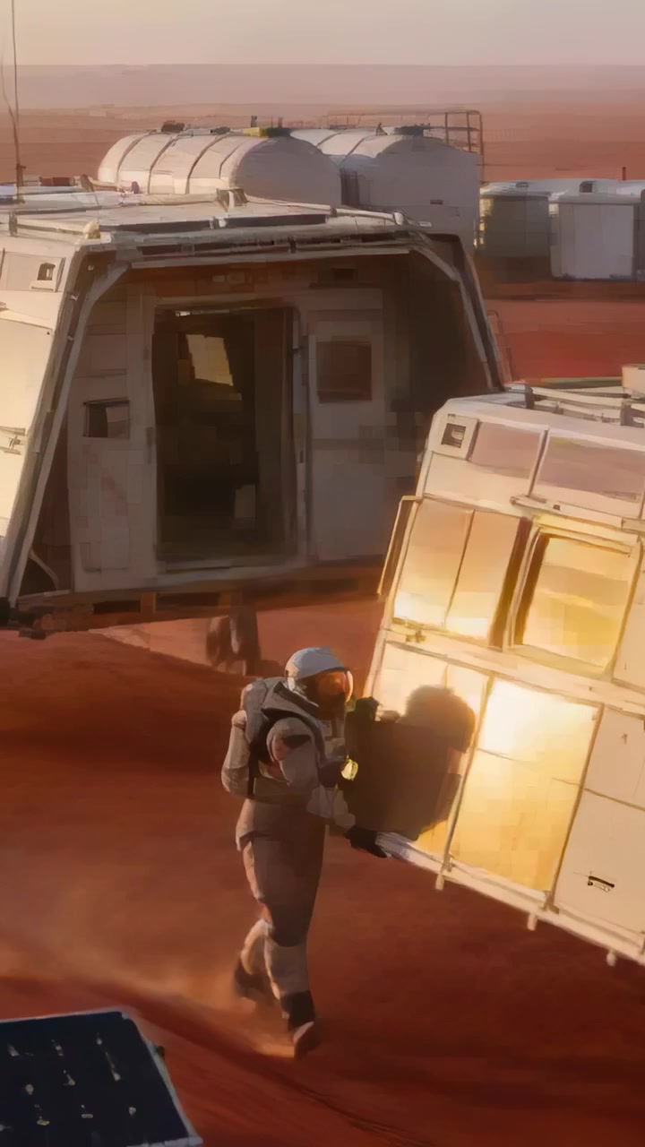 Video verticale: Astronauta con tuta EVA che si appoggia e spinge un pannello alla base su Marte, allineandosi all'ingresso dell'habitat.