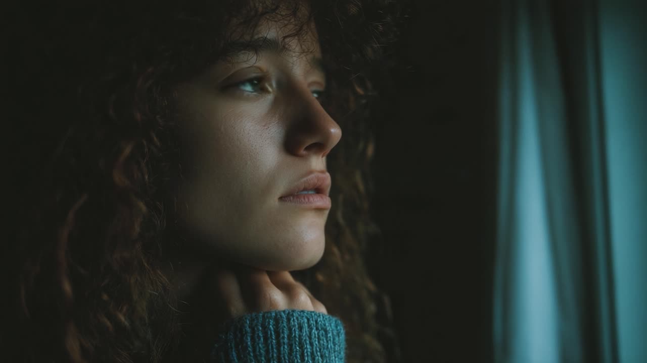 Giovane donna contemplativa che guarda fuori da una finestra, persa nei suoi pensieri, evidenziando emozioni di introspezione, nostalgia e riflessione.