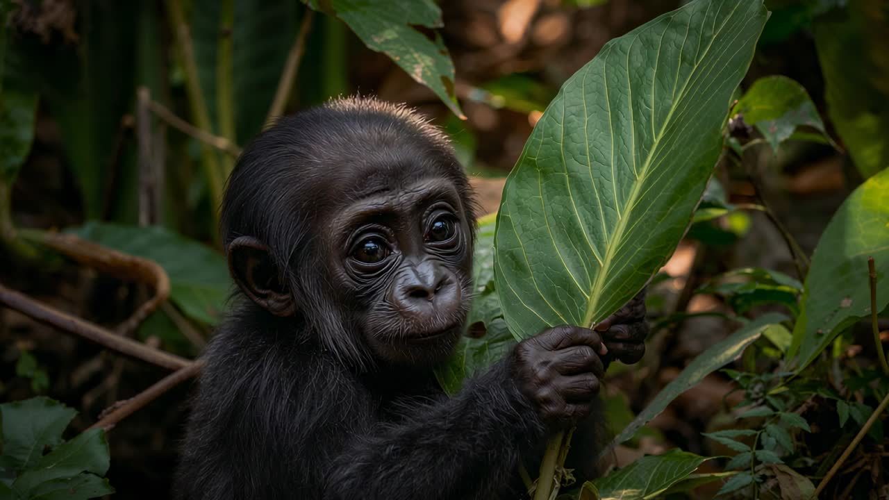 Notando una fotocamera e tenendo in mano una grande foglia verde, un cucciolo di gorilla scruta nel sottobosco ombreggiato