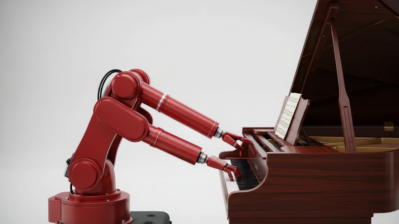 Innovative Robot Arm Playing Grand Piano, Showcasing the Intersection of Technology and Music Through Automated Performance
