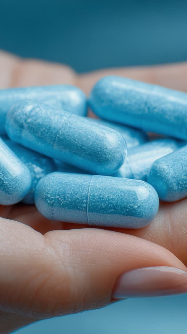 Primo piano di capsule softgel in una mano, che ne mette in mostra il design delicato e il colore blu brillante, perfette per capire gli integratori alimentari