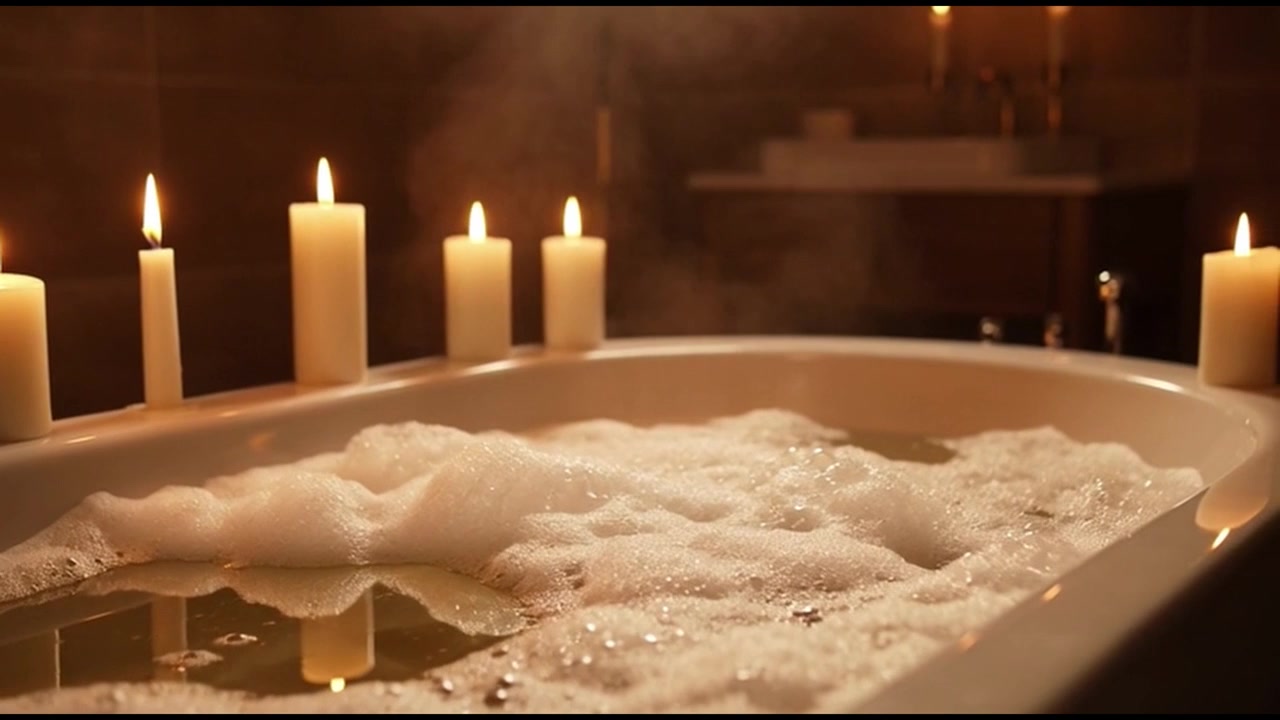 Vasca da bagno rilassante con schiuma e candele accese in un bagno con luce soffusa