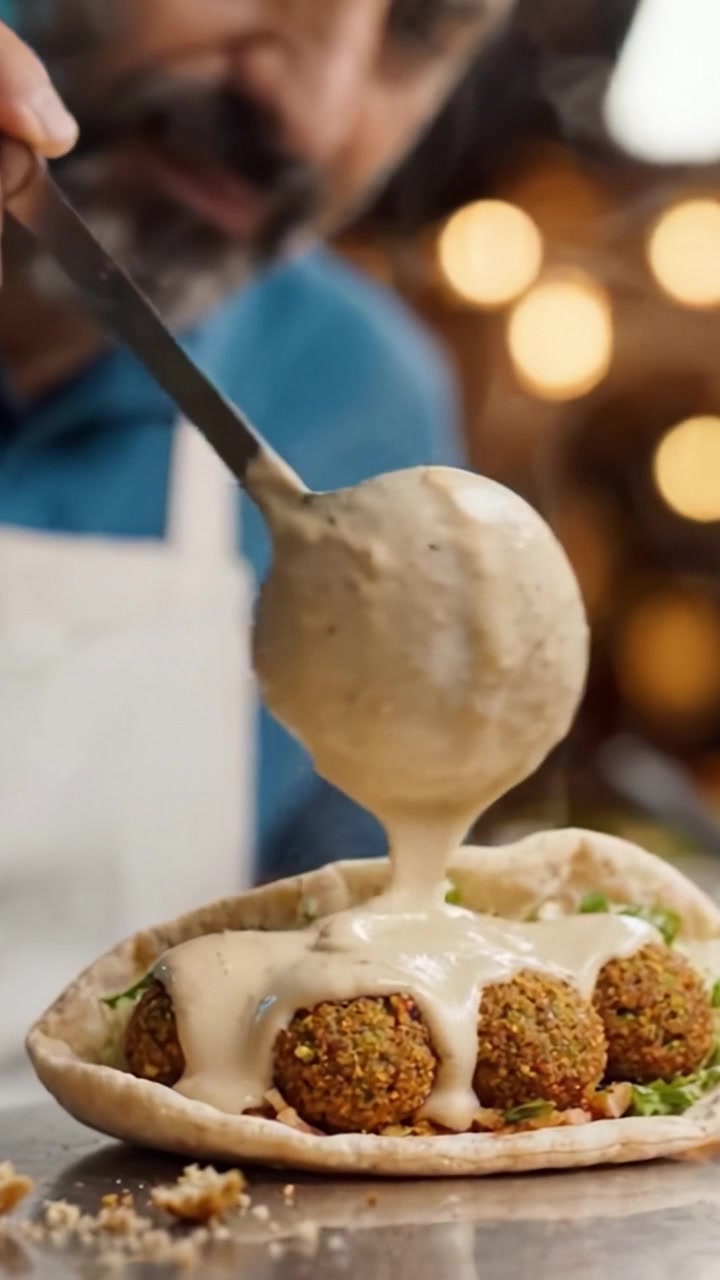 Deliziosa preparazione di falafel con salsa cremosa versata su ingredienti freschi in un morbido pane pita, catturando l'arte della cucina mediorientale.