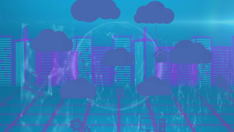 animation of digital icons tied to cloud icons over globe, data processing and 3d city model