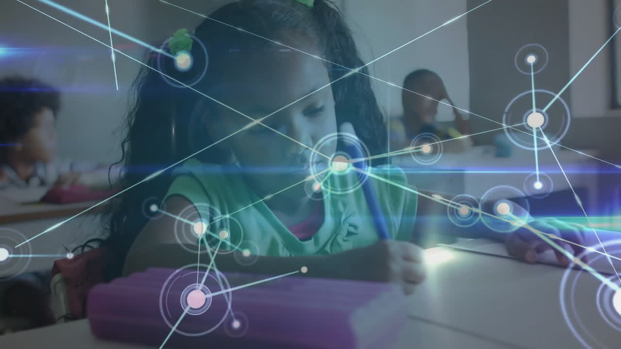 Children learning in classroom with digital network connections overlay animation