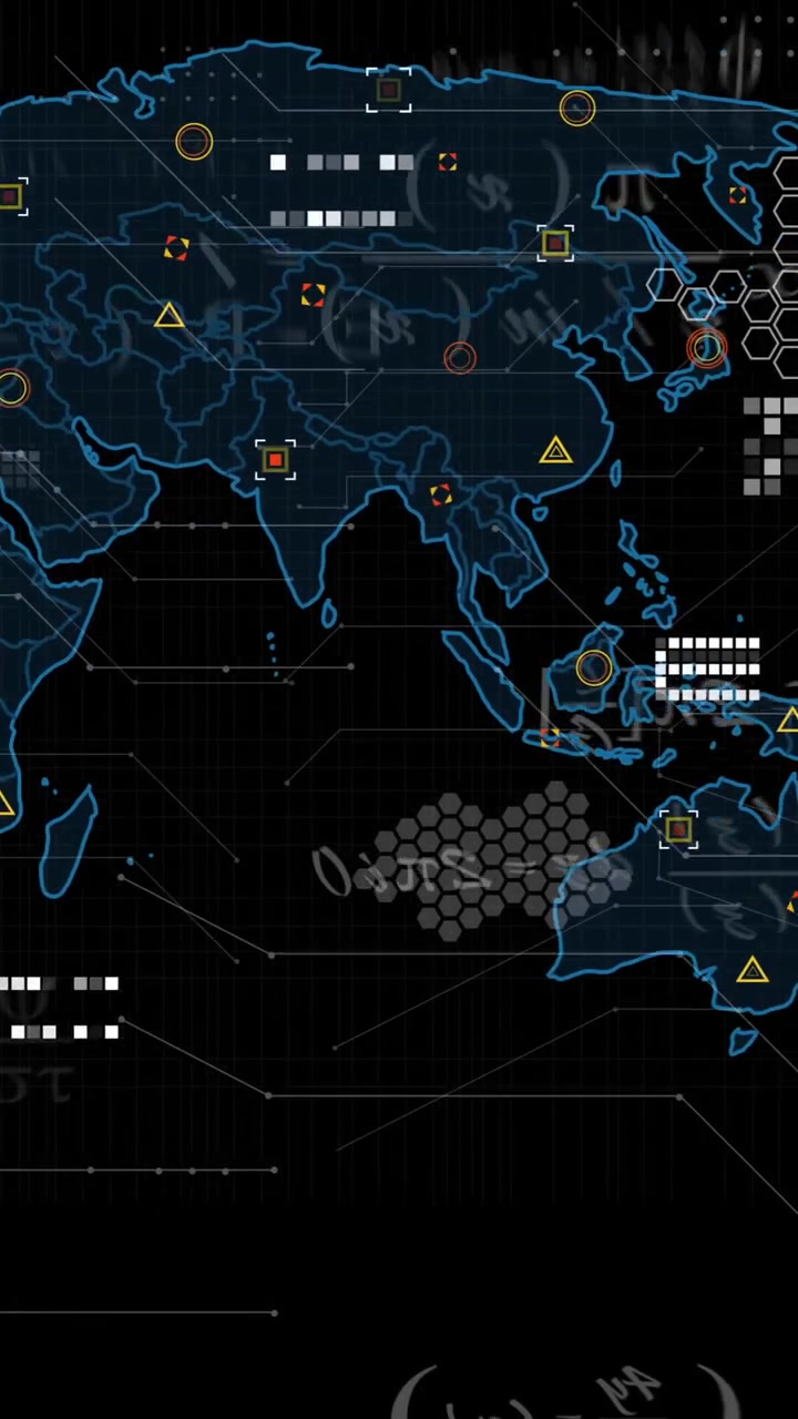 Animation of data processing over world map on black background
