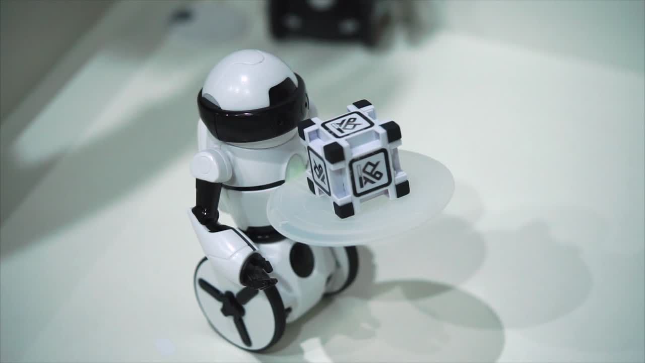 Small White Robot Carrying a Cube