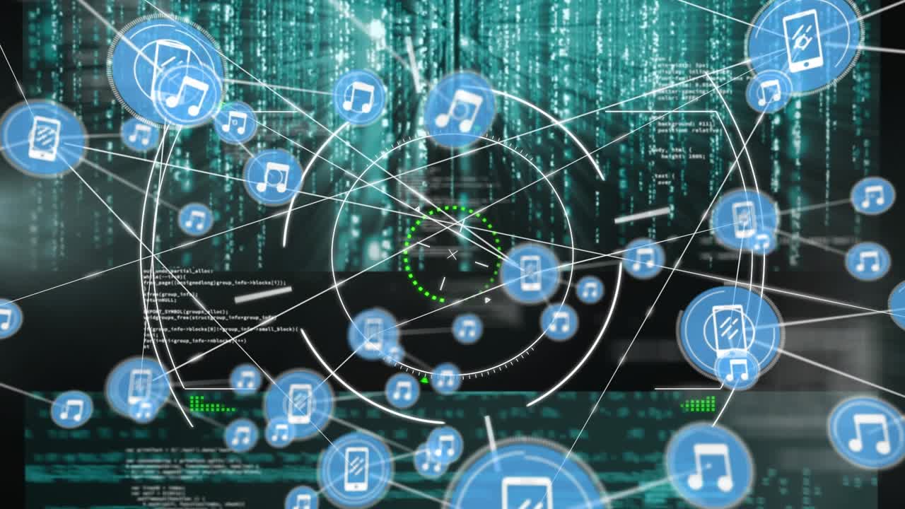 Animation of circles and connected icons over multiple infographic interfaces