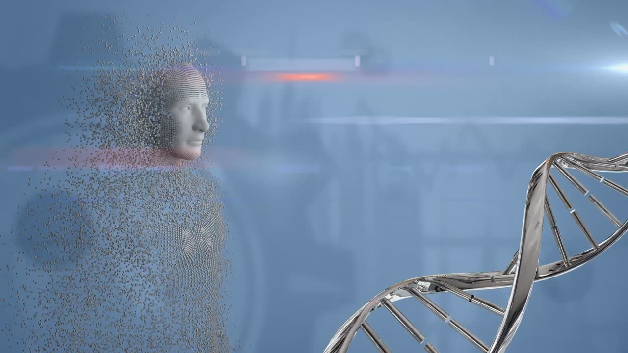 dna 가닥을 가진 움직이는 인간 몸