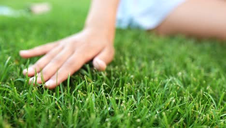 la mano de un niño en el césped