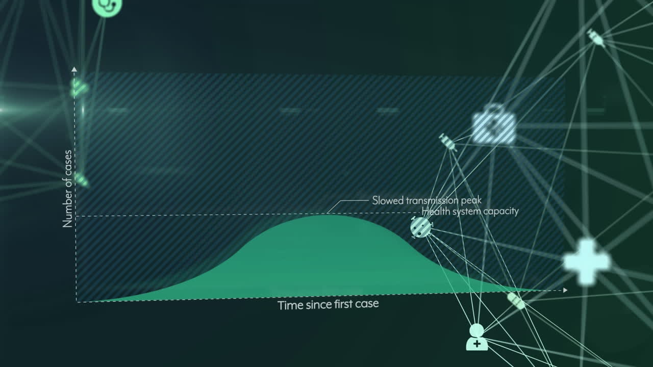 Digital composite video of digital icons moving and statistical data against black background