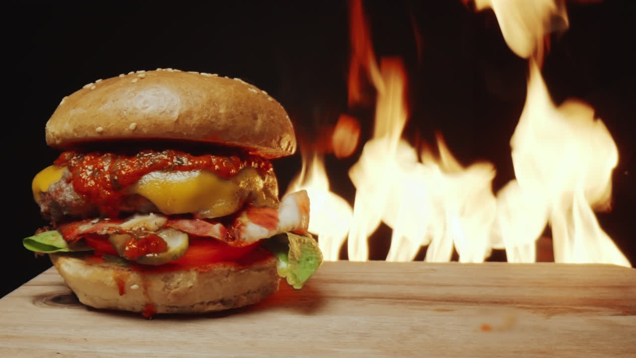 hamburguesa sabrosa en el fondo con fuego
