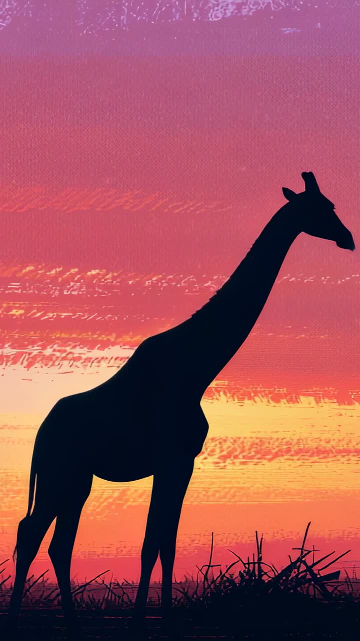 Vídeo vertical: girafa solitária levantando a perna e caminhando pela planície, com grama e arbustos sob o céu do pôr do sol