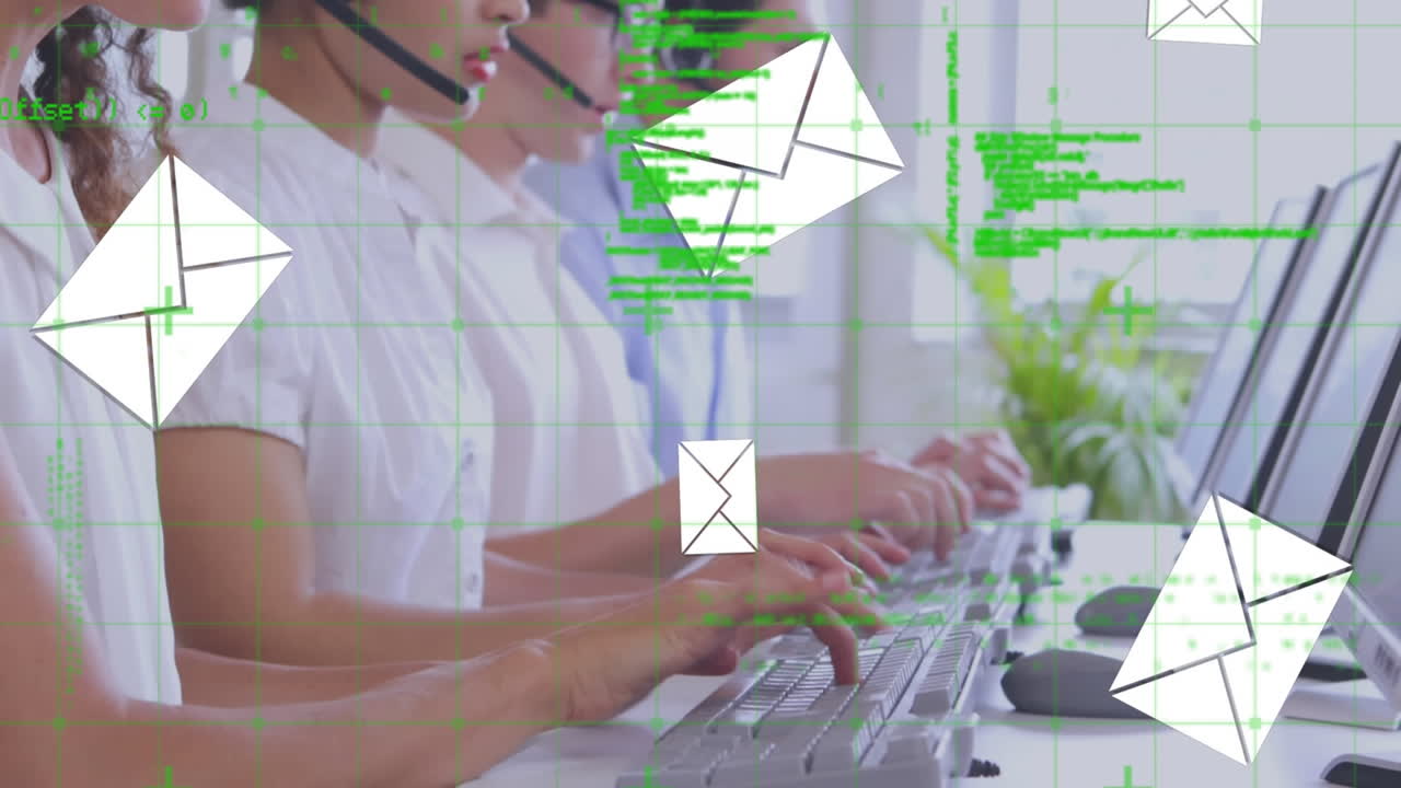 Animazione di elaborazione dati finanziari e icone email su persone che indossano cuffie telefoniche