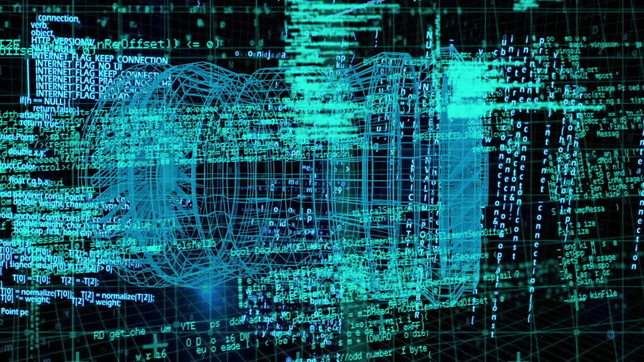 Animation of 3d model over data processing on black background