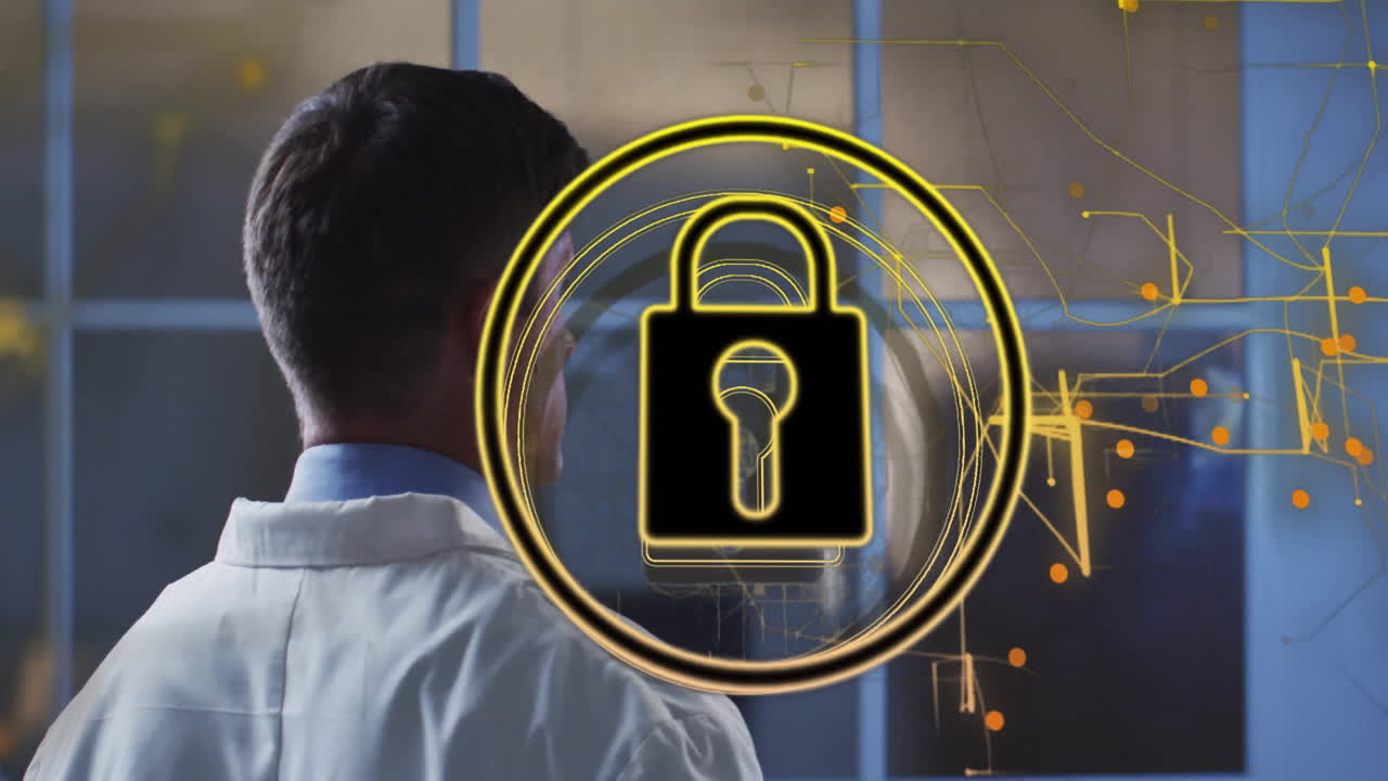 Lock symbol animation over person in lab coat examining digital interface