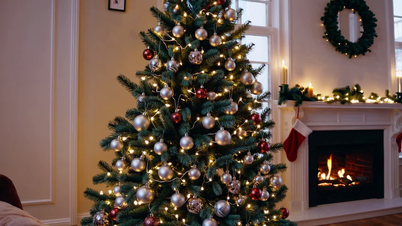 Cozy Christmas living room scene with a decorated tree and fireplace, captured from a wide-angle