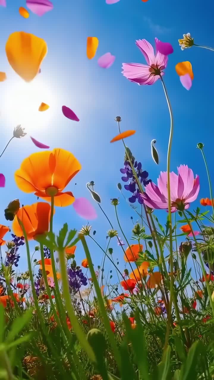 Flores silvestres vibrantes filmadas de um ângulo baixo contra um céu claro, perfeitas para um vídeo de natureza.