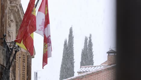 castile and leon flag hanging from institutional building in a winter day