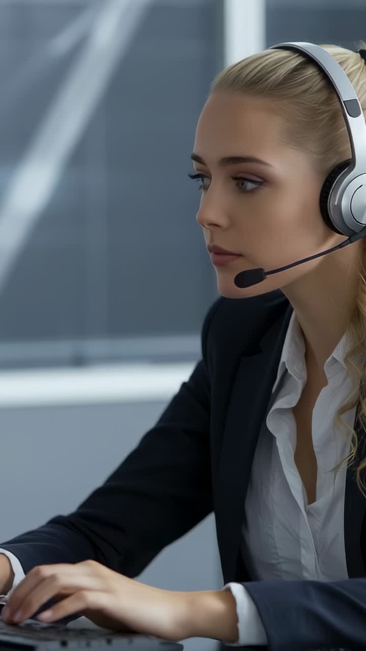 Vertical video: Agent in blazer taking call and typing on keys at desk with headset, copy space