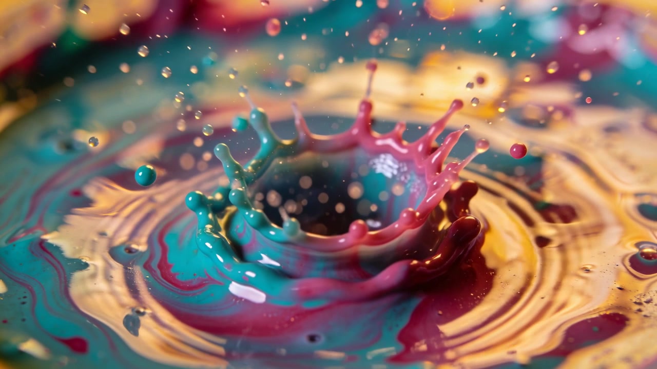Goccia che cade formando una corona di vernice color verde acqua, magenta e oro su un tavolo da studio, creando increspature.