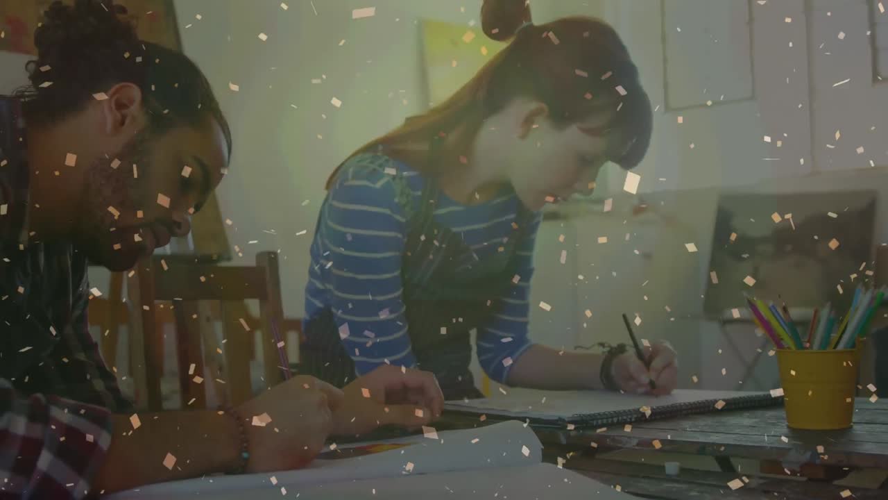 다양한 그룹의 사람들 위에 떨어지는 콘페티의 애니메이션 예술 수업