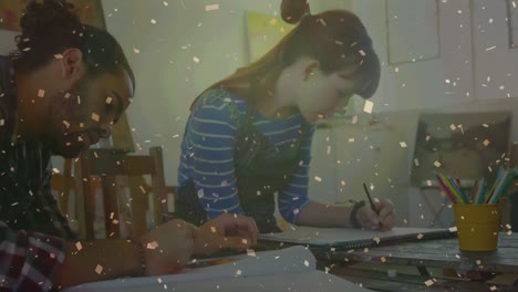 animación de confeti cayendo sobre un grupo diverso de personas clase de arte
