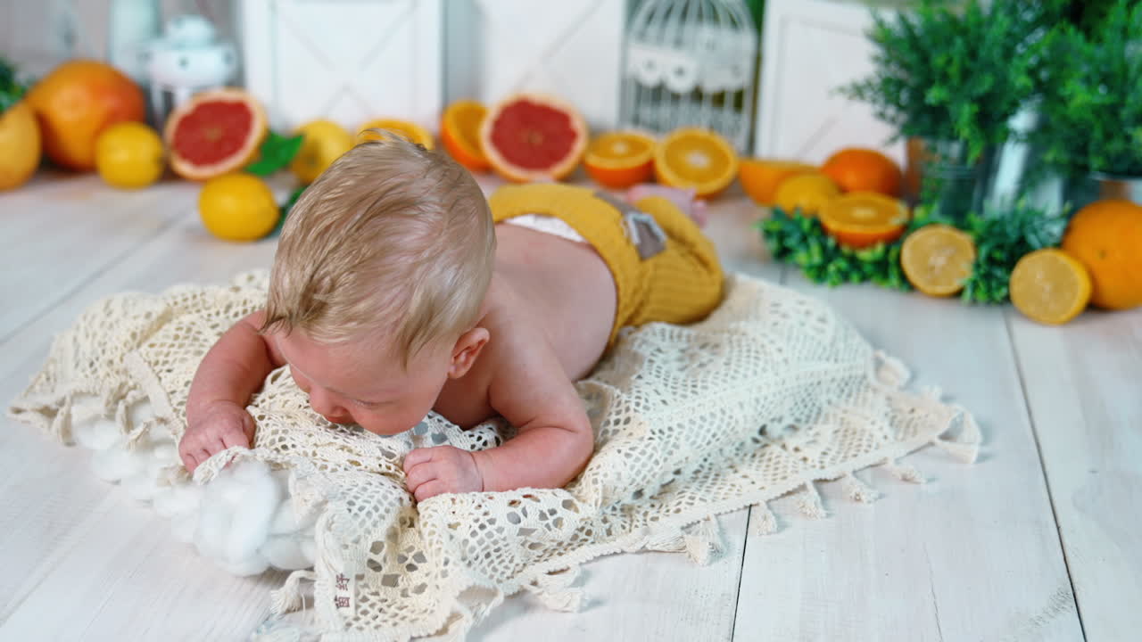 Lovely newborn boy wearing yellow pants lies on the pillow. Blond Caucasian infant trying to hold his head. Oranges and plants at backdrop in blur.