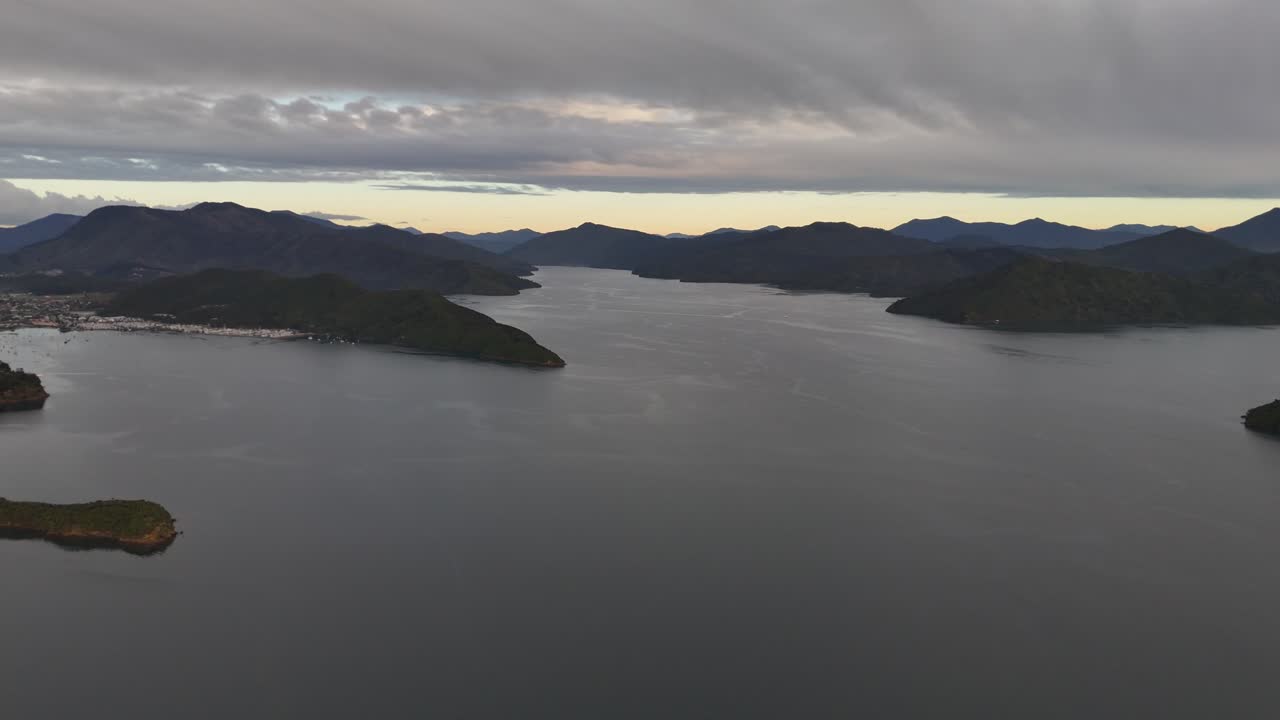 Panoramic aerial footage of Picton and its harbour on the South Island of New Zealand