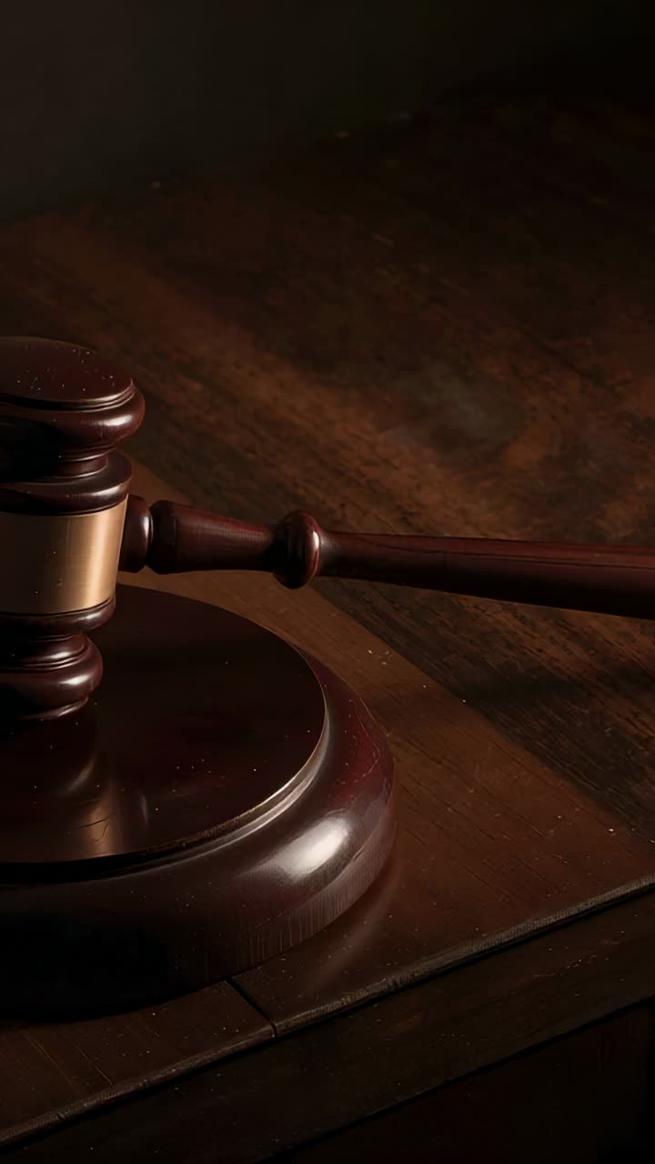Vertical video: Panning camera moving gavel and block toward center on bench, brass band visible