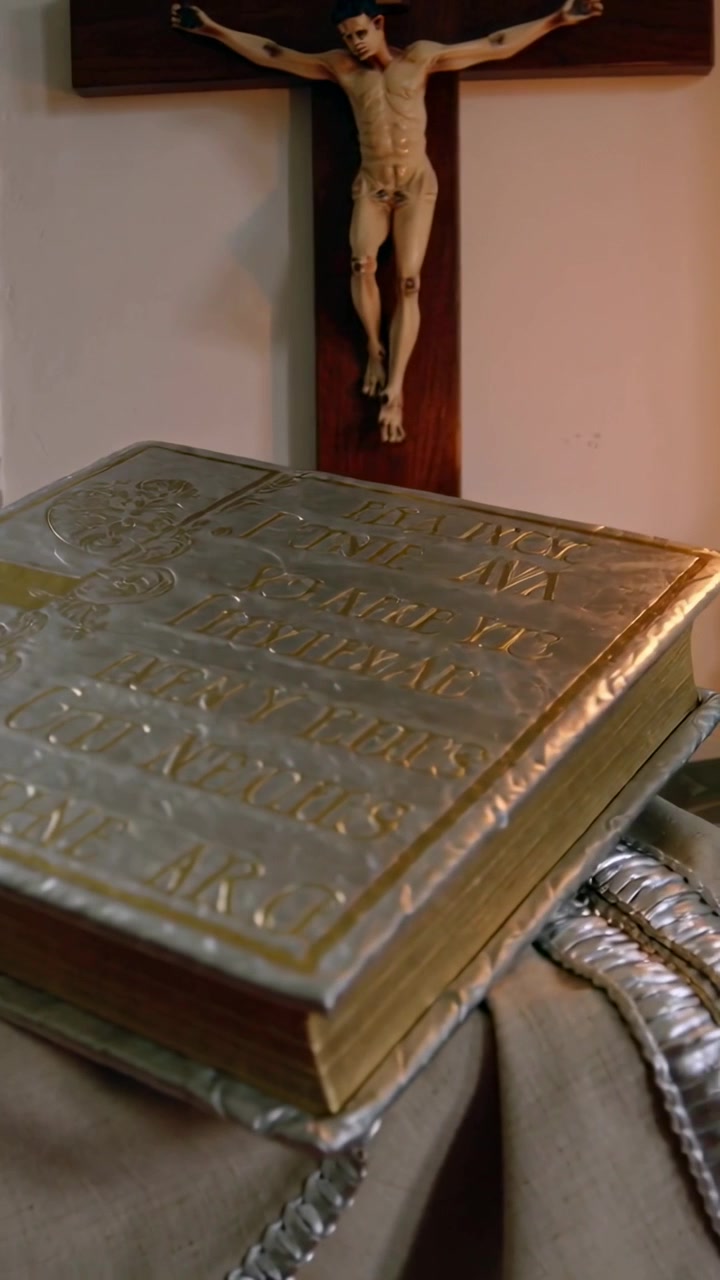 Video verticale: Telecamera che si inclina riprendendo un libro dorato su un altare con un cordone che rivela un crocifisso e una candela.