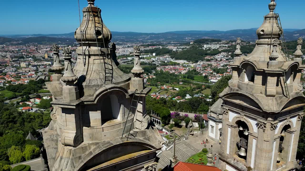 Bom Jesus do Monte Sanctuary in Braga, Northern Portugal, aerial shot on a sunny day