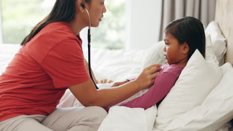 stethoscope, doctor and sick child in the bedroom