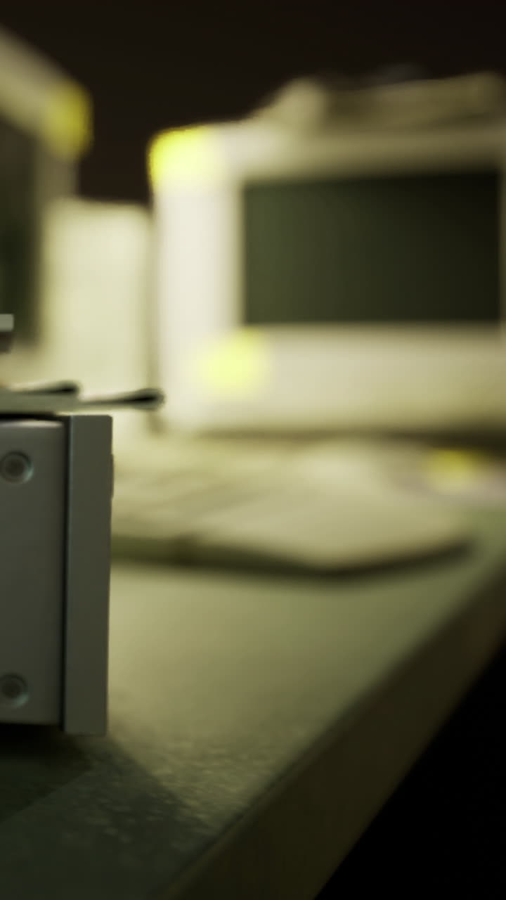 Old computer setup on a desk with a blurry view at night time