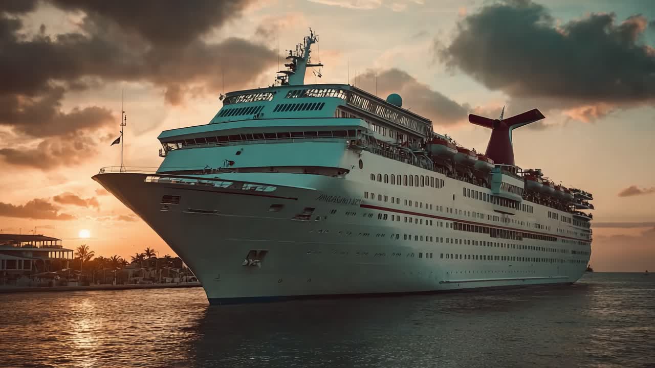 Majestueux bateau de croisière amarré au coucher du soleil, mettant en valeur son design élégant et la sérénité sur l’eau avec une toile de fond époustouflante de ciel nuageux et de rivages lointains