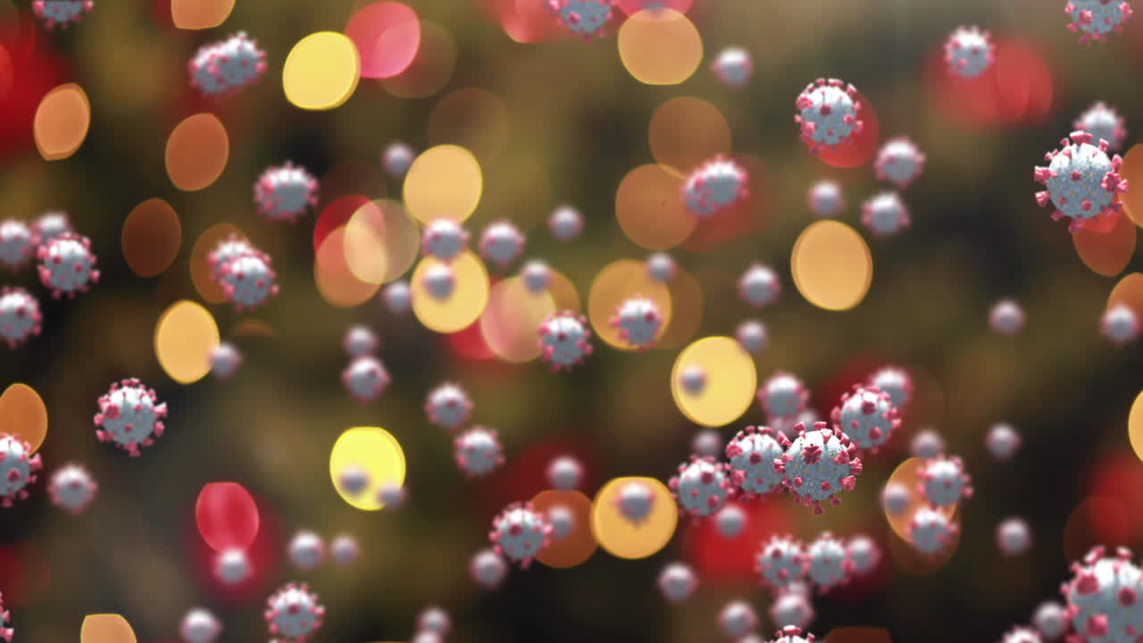 코로나 19 세포가  ⁇ 박이는 요정 빛으로 겨울 풍경에서 움직이는 애니메이션