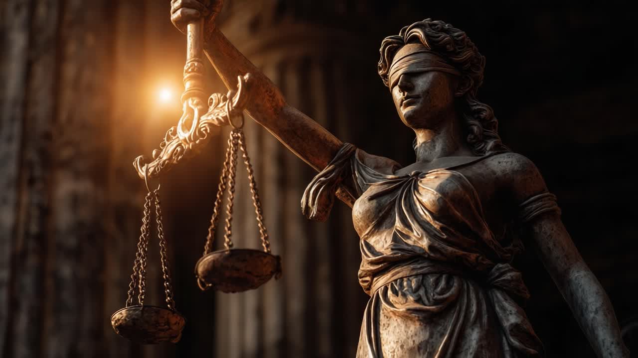 A Striking Representation of Justice: The Blindfolded Lady Holding Scales, Symbolizing Fairness and Equilibrium in a Timeless Artistic Interpretation
