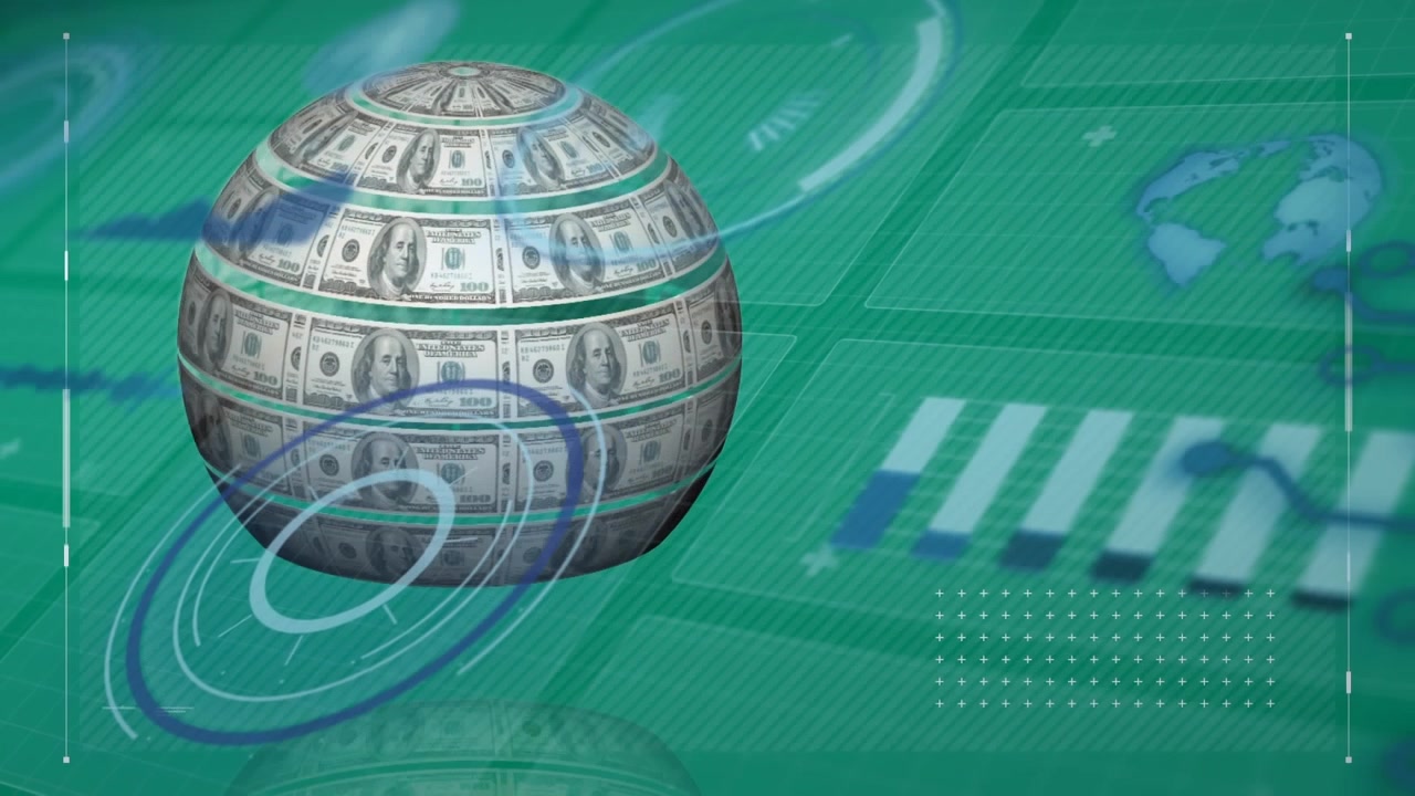 Animazione di globo formato da banconote di dollari americani ed elaborazione di dati finanziari