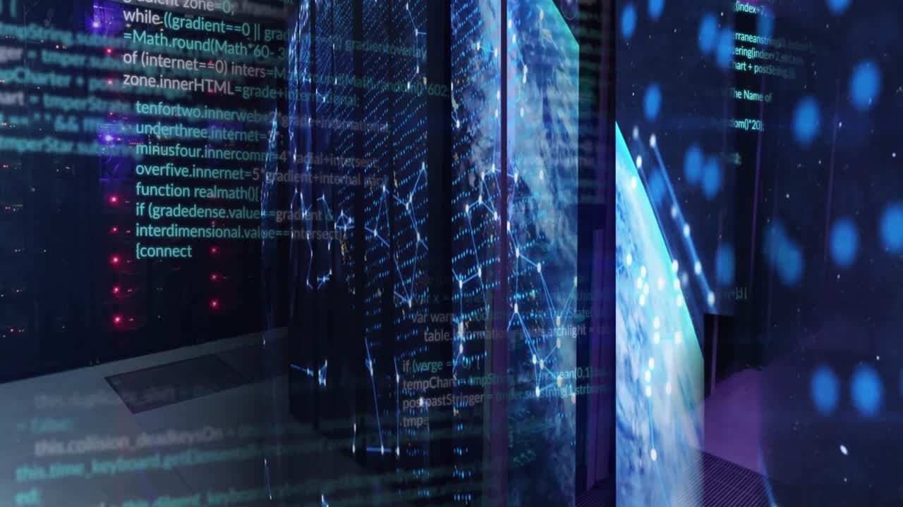 animación del procesamiento de datos y el globo sobre la sala del servidor