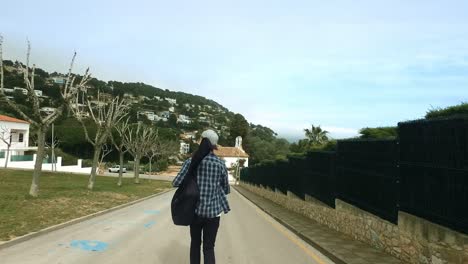 Guy-walking-on-road-with-guitar-gig-bag.-Back-view-musician-boy-traveling