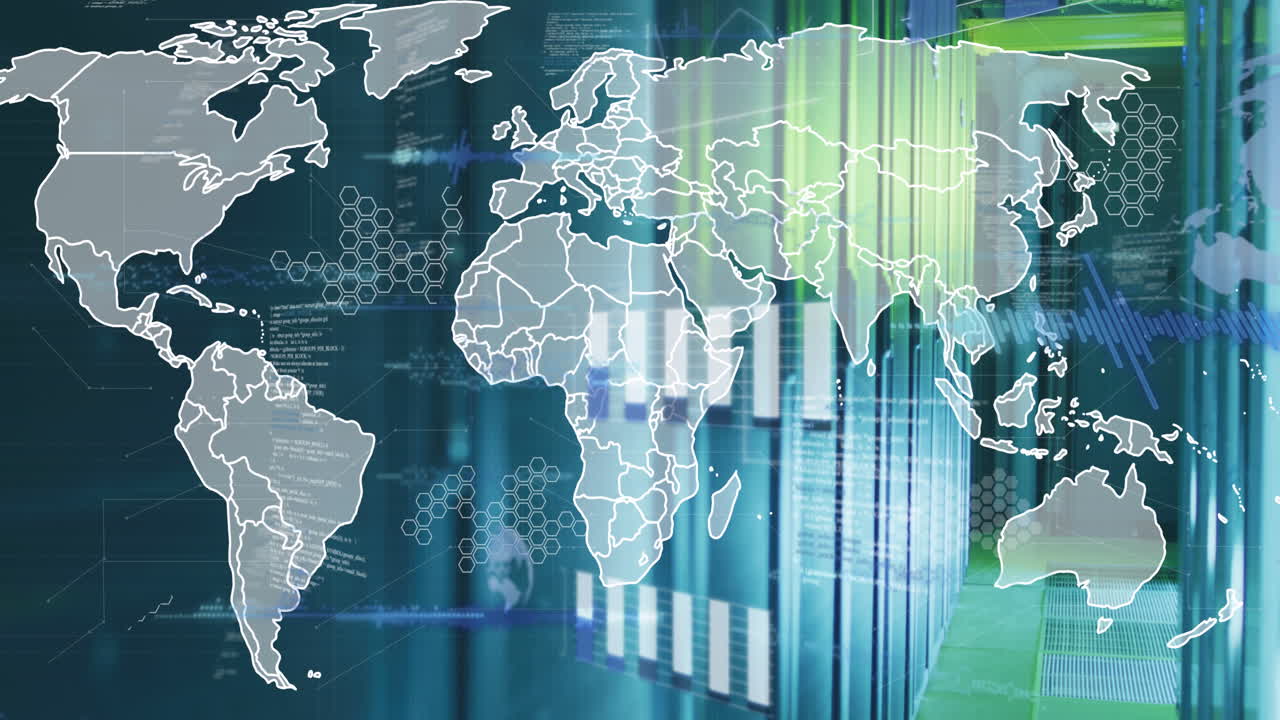 세계 지도 및 컴퓨터 서버를 통해 데이터 처리의 애니메이션