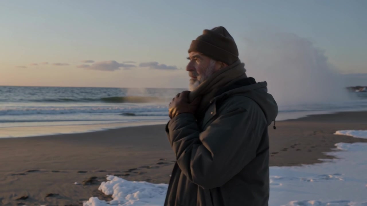 Adjusting scarf and closing coat as cold wind hits, senior man watching snowy shoreline, copy space